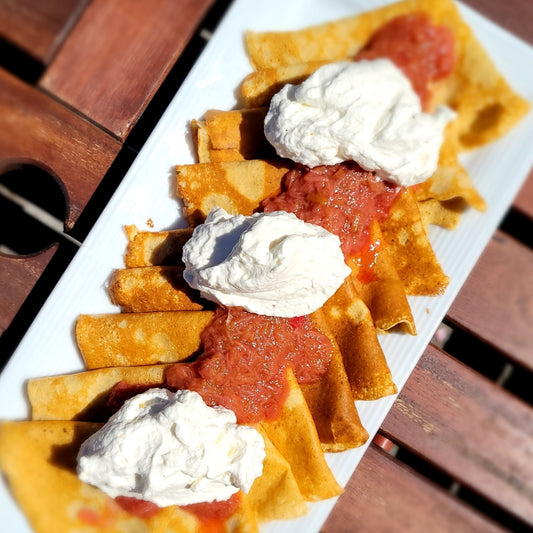 Rye Crepes with Honeyed Rhubarb